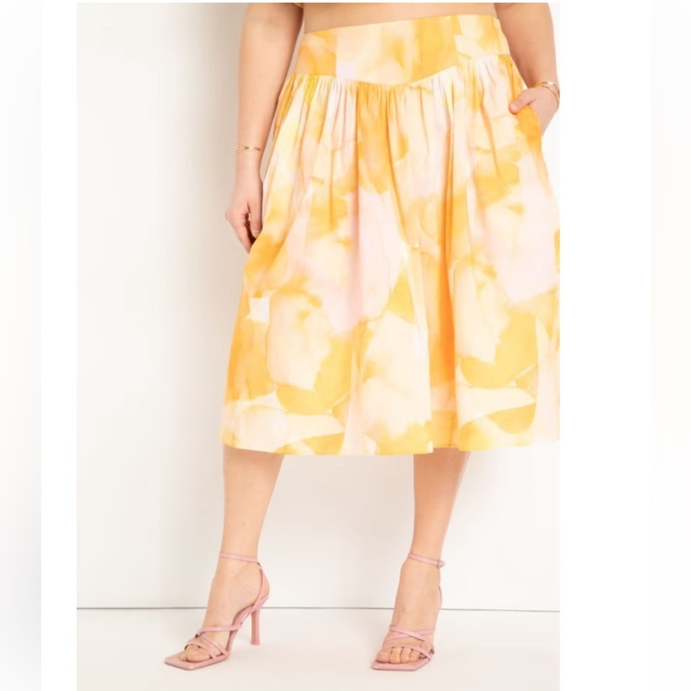 Eloquii NWT Yoke Detailed Floral Orange, Pink, & Yellow Midi Skirt